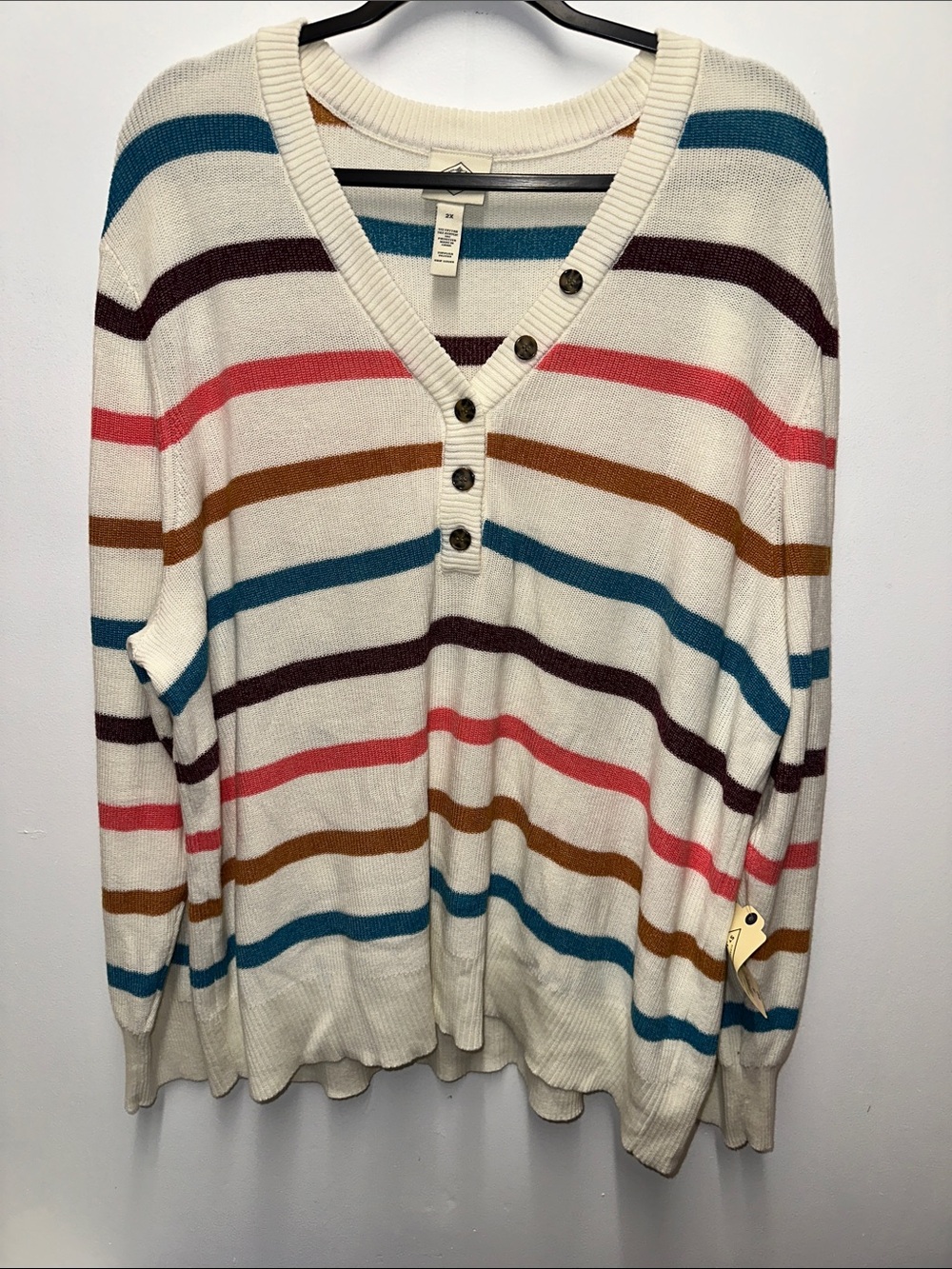Striped V-Neck Button Sweater - Cream with Multicolor Stripes